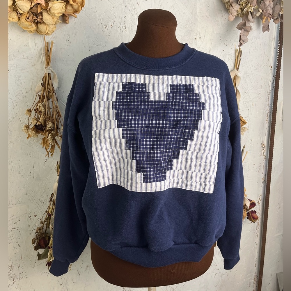 Vintage Quilted Patchwork Cottagecore Grandma Heart Blue Sweater Large - Picture 1 of 5
